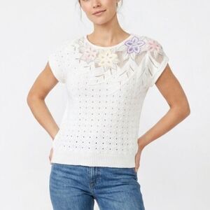 VTG 80s Mariea Kim Women's Ivory Open Knit Floral Trim SS Sweater Size S/M